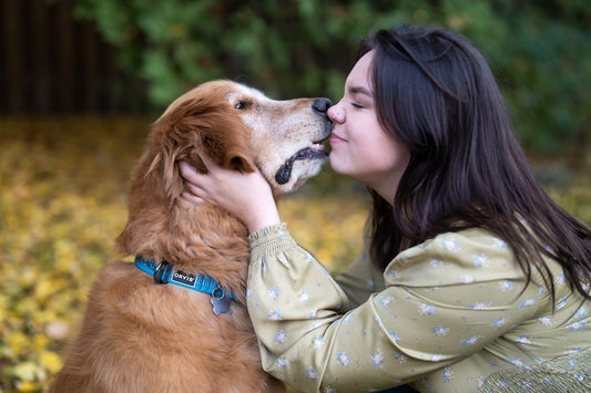 A woman kissing a dog on the nose