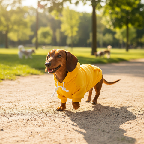 Small Dog in Yellow Fleece Hoodie with White Drawstring in Sunny Dog Park