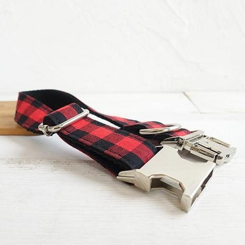 The Red Black Plaid Personalised Dog Collar Handmade Laser Engraved Dog Nation