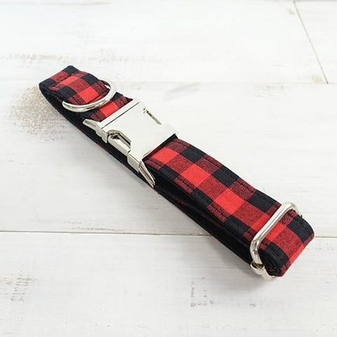 The Red Black Plaid Personalised Dog Collar Handmade Laser Engraved Dog Nation