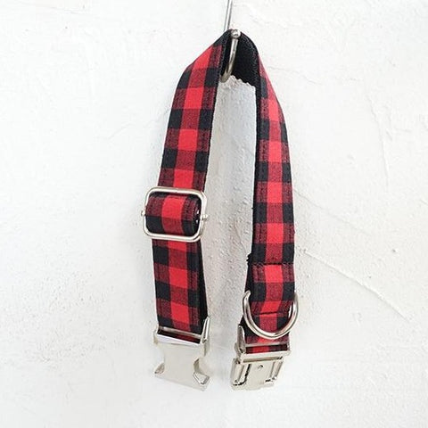 The Red Black Plaid Personalised Dog Collar Handmade Laser Engraved Dog Nation