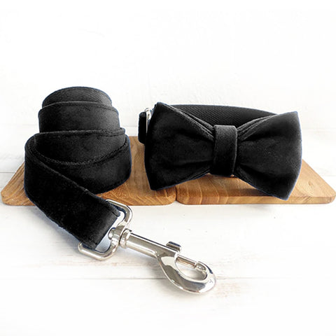 The Black Personalised Dog Collar Set Laser Engraved Collar + Bow Tie + Leash Dog Nation