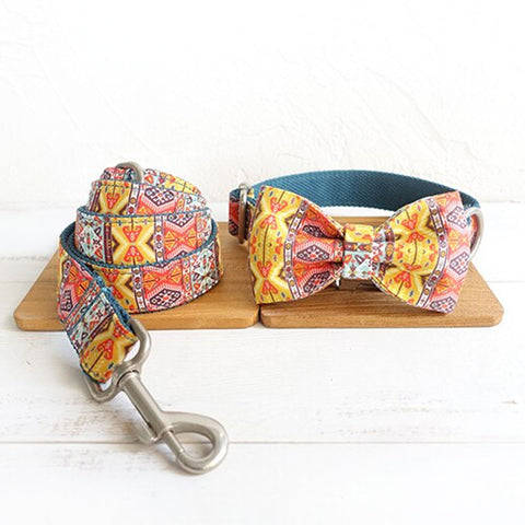 The Bohemian Personalised Dog Collar Set Laser Engraved Collar + Bow Tie + Leash Dog Nation