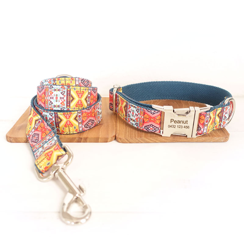 The Bohemian Personalised Dog Collar Set Laser Engraved Collar + Leash Set Dog Nation