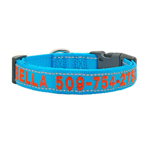 Embroidered Dog Collar Nylon Personalised Reflective Blue Dog Nation