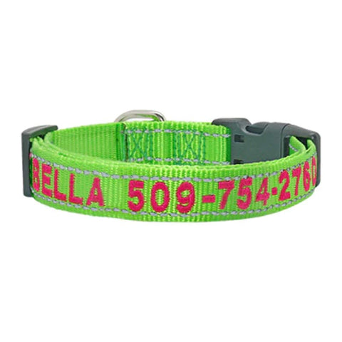 Embroidered Dog Collar Nylon Personalised Reflective Green Dog Nation
