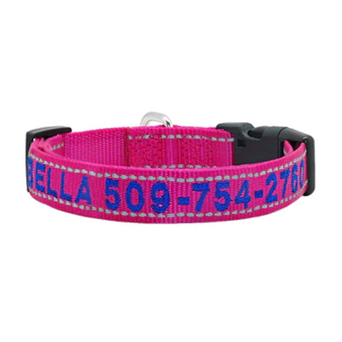 Embroidered Dog Collar Nylon Personalised Reflective Pink Dog Nation