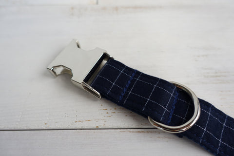 The Deep Blue Plaid Personalised Dog Collar & Leash Set Handmade Laser Engraved Dog Nation
