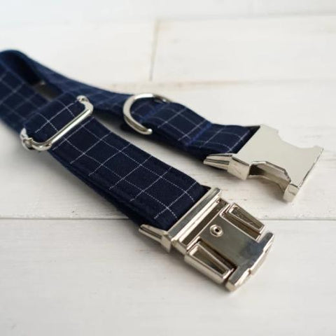The Deep Blue Plaid Personalised Dog Collar & Leash Set Handmade Laser Engraved Dog Nation