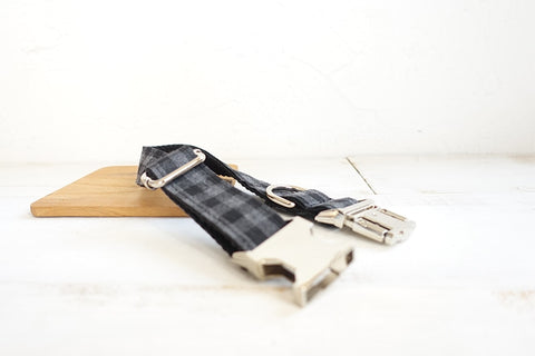 The Black Plaid Personalised Dog Collar Leash Set Handmade Laser Engraved Dog Nation