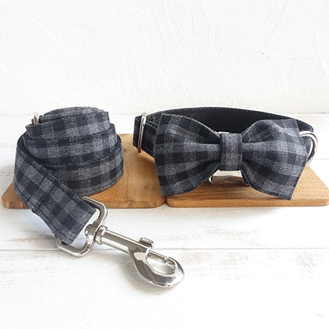 The Black Plaid Personalised Dog Collar Leash Set Handmade Laser Engraved Collar + Bow Tie + Leash Dog Nation